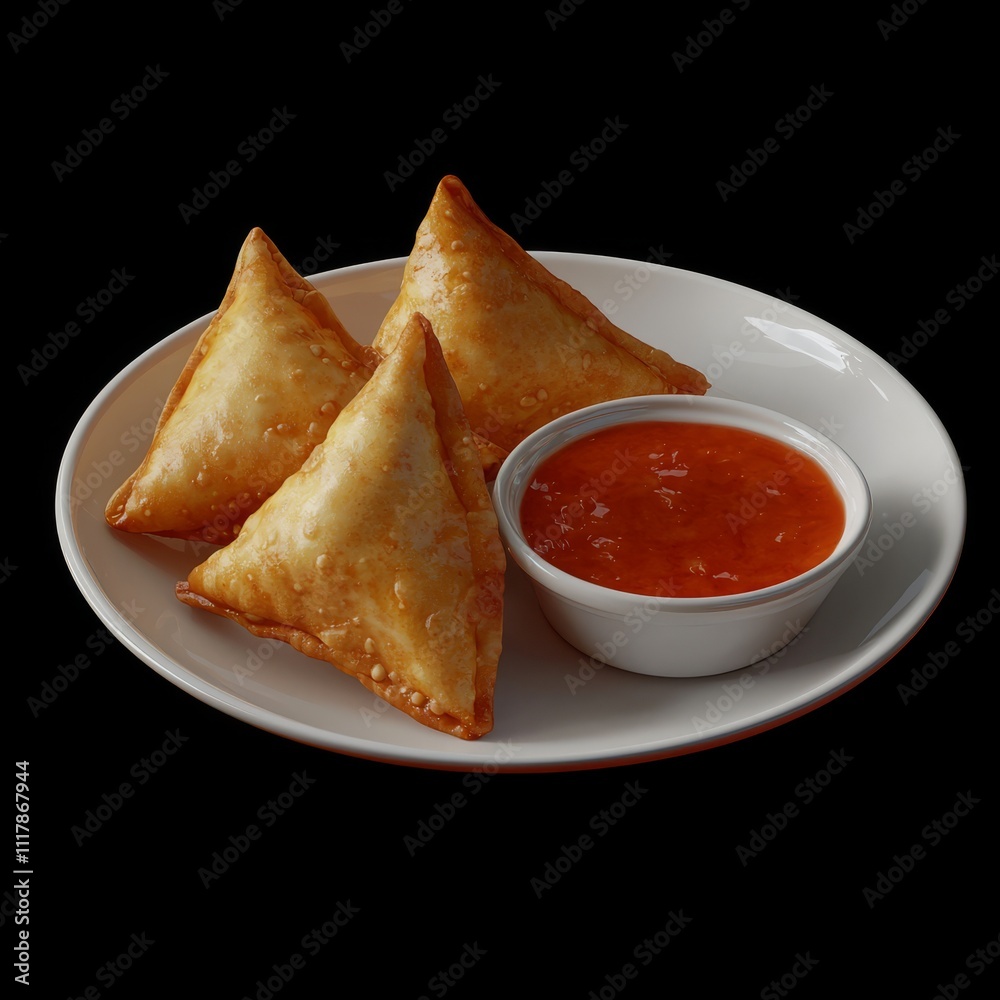 A delicious serving of three golden-brown samosas with a tangy dipping sauce, perfect for snacking.