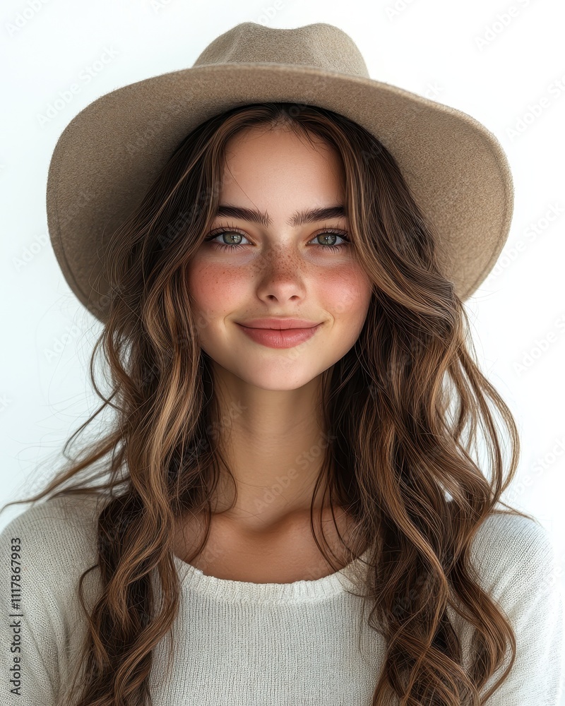 Portrait of a Beautiful Young Woman with Long Brown Wavy Hair Wearing a Beige Fedora Hat - Studio Shot Portrait of a Beautiful Young Woman with Long Brown Wavy Hair Wearing a Beige Fedora Hat - Studio Shot