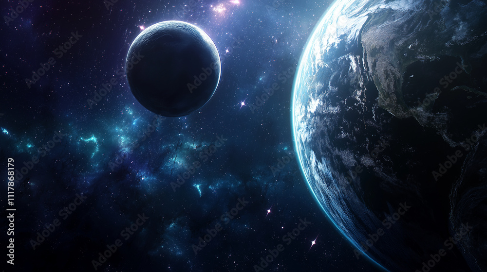 Obraz premium Mysteriöse Weltraumlandschaft mit leuchtenden Nebeln, fernen Planeten und kosmischen Strukturen - eine faszinierende Reise durch unbekannte Galaxien