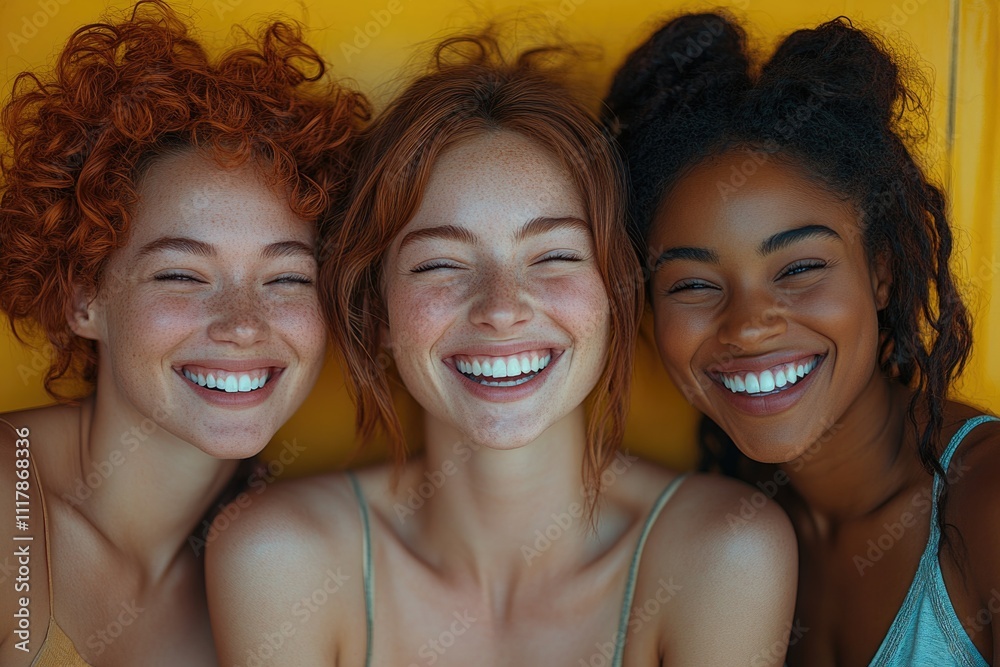 Three female friends smiling and posing together for a casual photo shoot