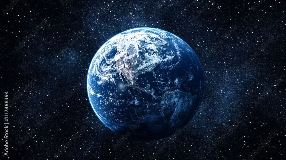 Naklejka premium Beautiful view of Earth from space showcasing oceans and landmasses against a starry backdrop