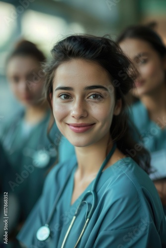 Group of medical professionals standing together in scrubs, perfect for healthcare or medicine related projects