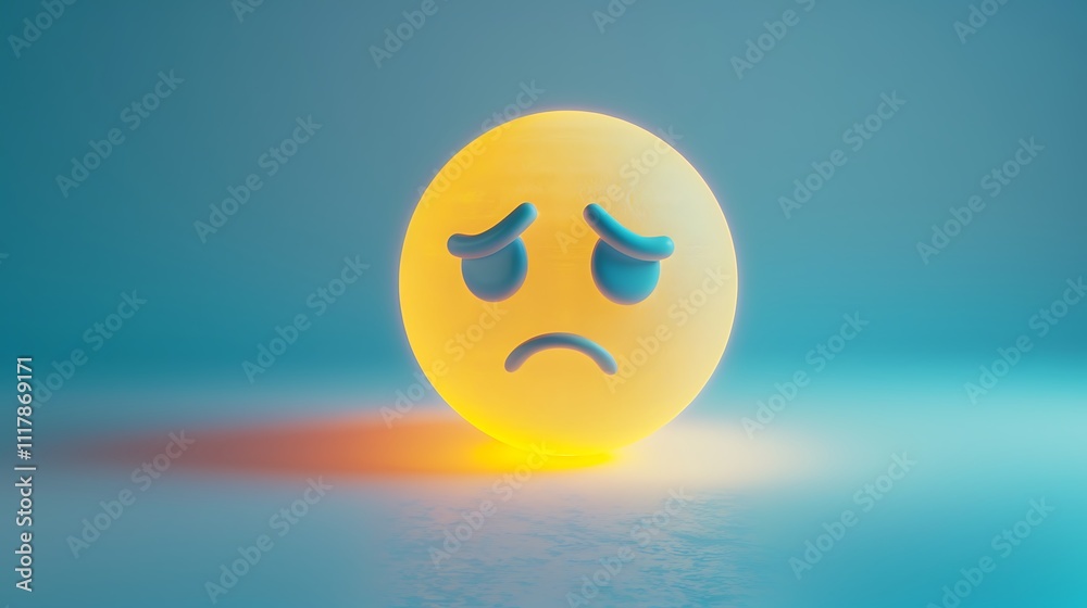 A depressing neon emoji face on a pale blue backdrop
