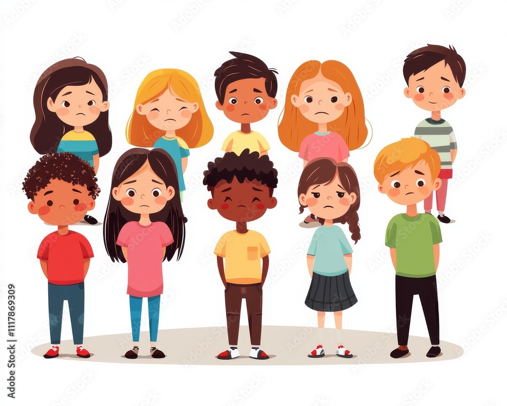 A group of diverse, young children expresses sadness, showcasing a variety of emotions in a colorful illustrated scene. A group of diverse, young children expresses sadness, showcasing a variety of emotions in a colorful illustrated scene.