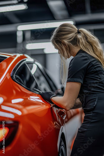 A woman is working on a red car