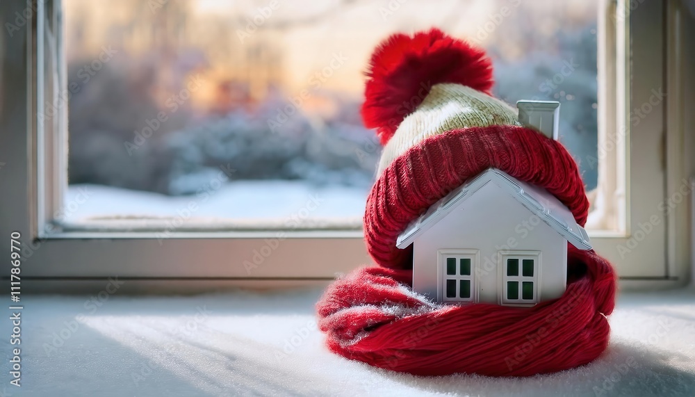 Fototapeta premium Smart Winter Insulation. Tips to Keep Your Home Warm, Energy Efficient, and Protected During Freezing Weather, Featuring a Creative Miniature House Wrapped in Cozy Winter Layers