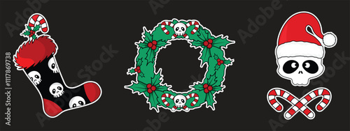 Three Christmas stickers. Skull with candy cane, wreath with berries, christmas stocking. Creepy christmas decorations. Vector eps elements.
