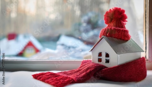 Smart Winter Insulation. Tips to Keep Your Home Warm, Energy Efficient, and Protected During Freezing Weather, Featuring a Creative Miniature House Wrapped in Cozy Winter Layers photo