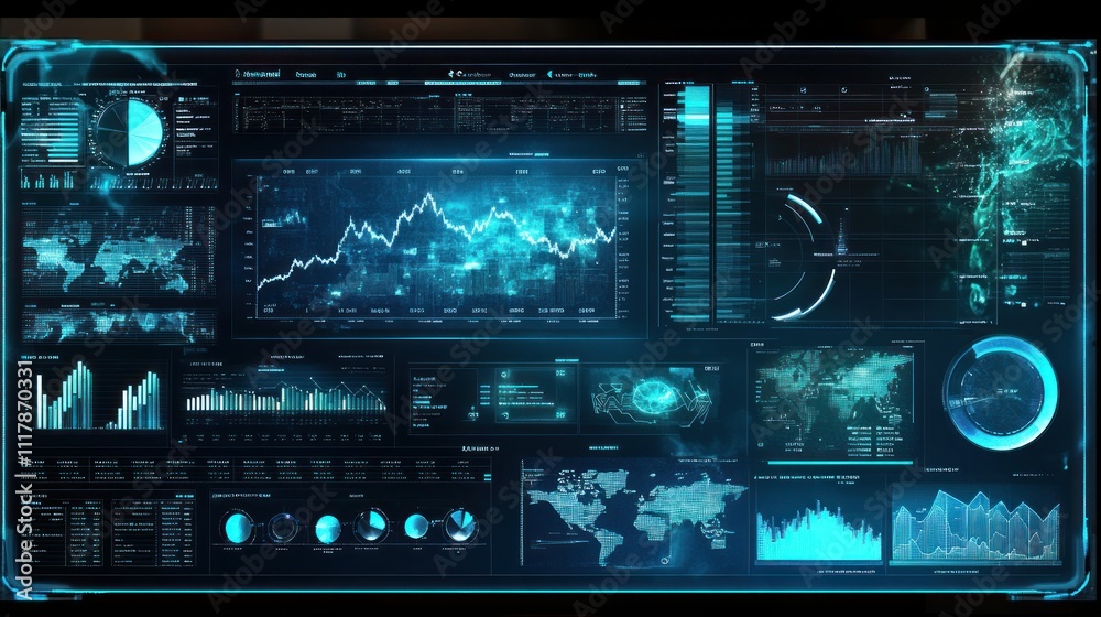 Futuristic digital dashboard displaying real-time data analytics, stock market trends, and global statistics. Futuristic digital dashboard displaying real-time data analytics, stock market trends, and global statistics.