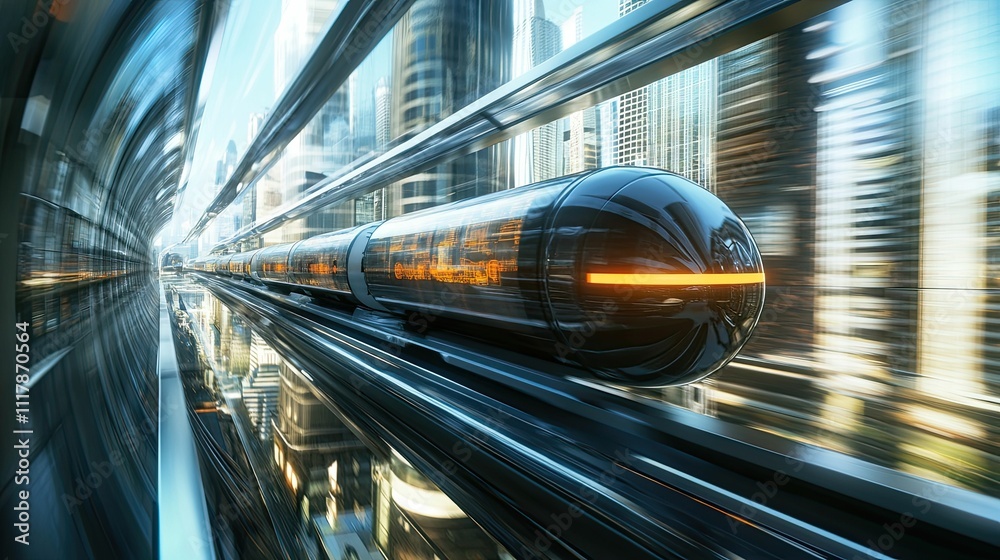 Fototapeta premium Futuristic train speeds through city, elevated track.