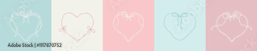 Baby shower bow ribbon heart frame design elements. Its a girl, its a boy greeting cards. Little prince and princess background. New born birthday invitation. Whimsical wavy cute line doodle border