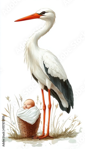 frontal shot of a flying stork with bringing a baby to the parents in a white blanket, caricature mobile wallpaper lockscreen photo