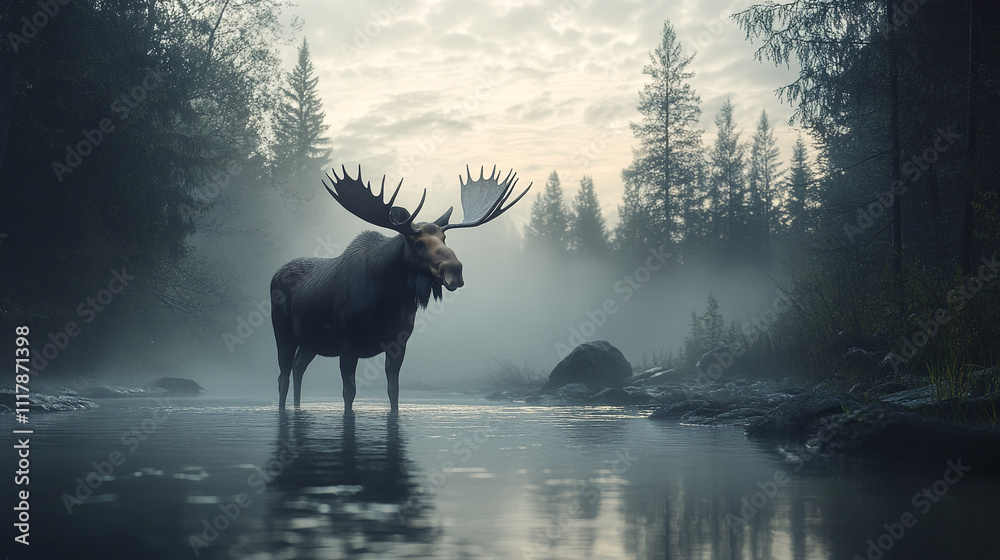Large moose stands in front of a body of water. The image has a moody and serene atmosphere, with the moose being the main focus Large moose stands in front of a body of water. The image has a moody and serene atmosphere, with the moose being the main focus
