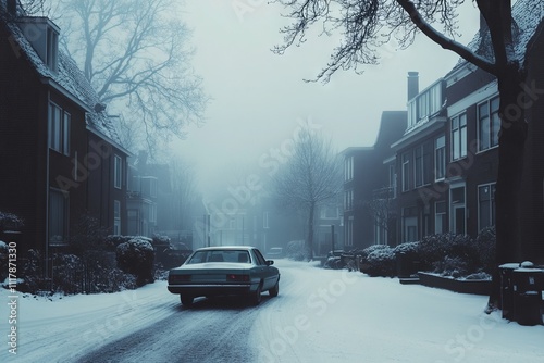 Snow-Covered Village Road with Parked Car and Fog. AI generated illustration