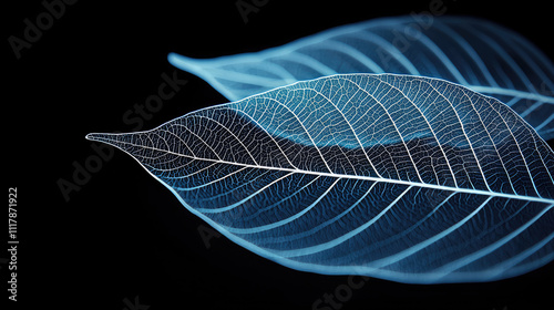 Close-up of delicate blue leaves showcasing intricate vein patterns on a dark background. photo