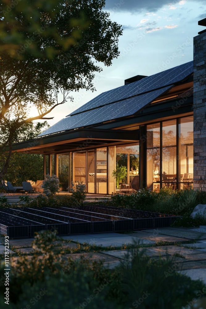 Fototapeta premium Modern house with solar panels at sunset, featuring a sleek design and surrounding greenery.