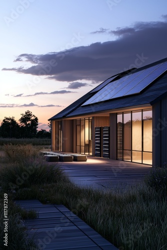 Modern sustainable home with solar panels at dusk, featuring large glass windows and surrounding nature.