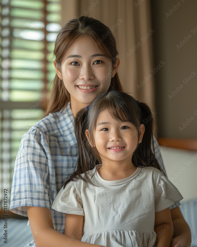 Joyful mother and daughter moment happy young woman supports her baby girl on the bed Joyful mother and daughter moment happy young woman supports her baby girl on the bed