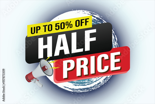 half price sale word mega phone concept vector illustration and 3d style, landing page, template, ui, web, mobile app, poster, banner, flyer, background, gift card, coupon, label, wallpaper

