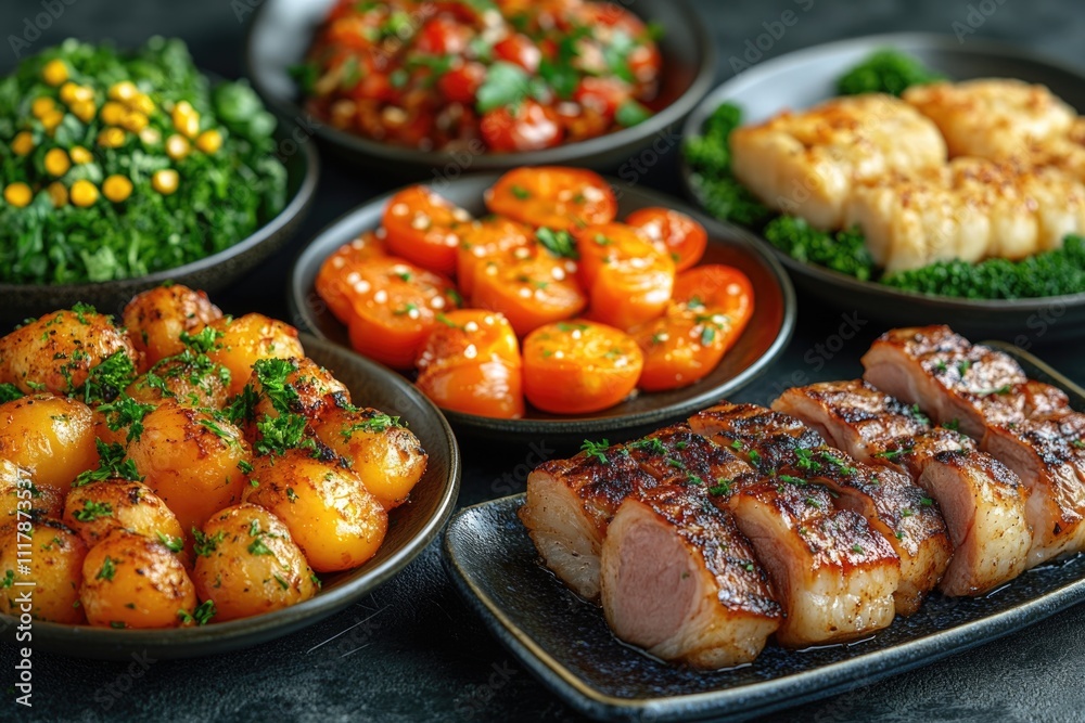A variety of dishes arranged on a table, ideal for a party or buffet A variety of dishes arranged on a table, ideal for a party or buffet