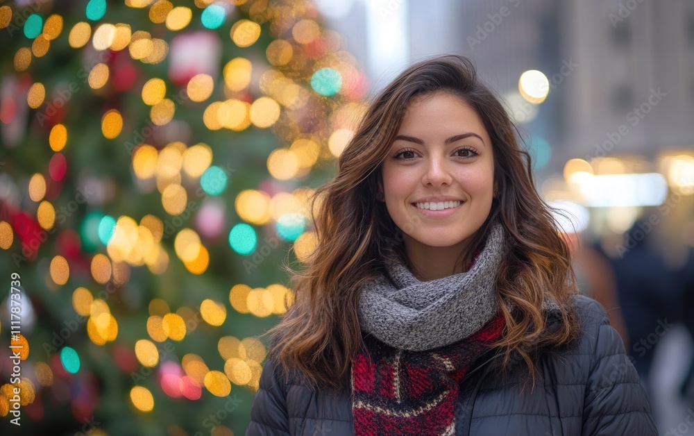 A woman is smiling in front of a Christmas tree A woman is smiling in front of a Christmas tree