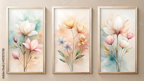 Framed Abstract Floral Watercolor Art Triptych Elegant Home Decor