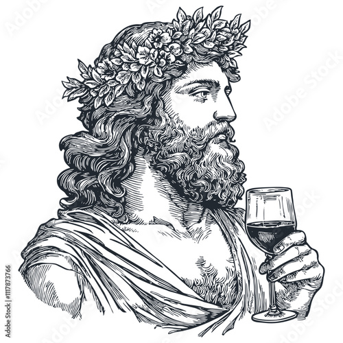 Greek god Dionysus holding a glass of wine, engraving style, vector illustration.