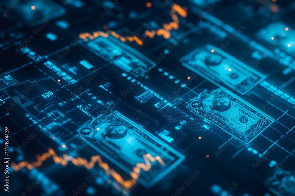 Digital Financial Charts and Dollar Bills in Blue Tone. AI generated illustration Digital Financial Charts and Dollar Bills in Blue Tone. AI generated illustration