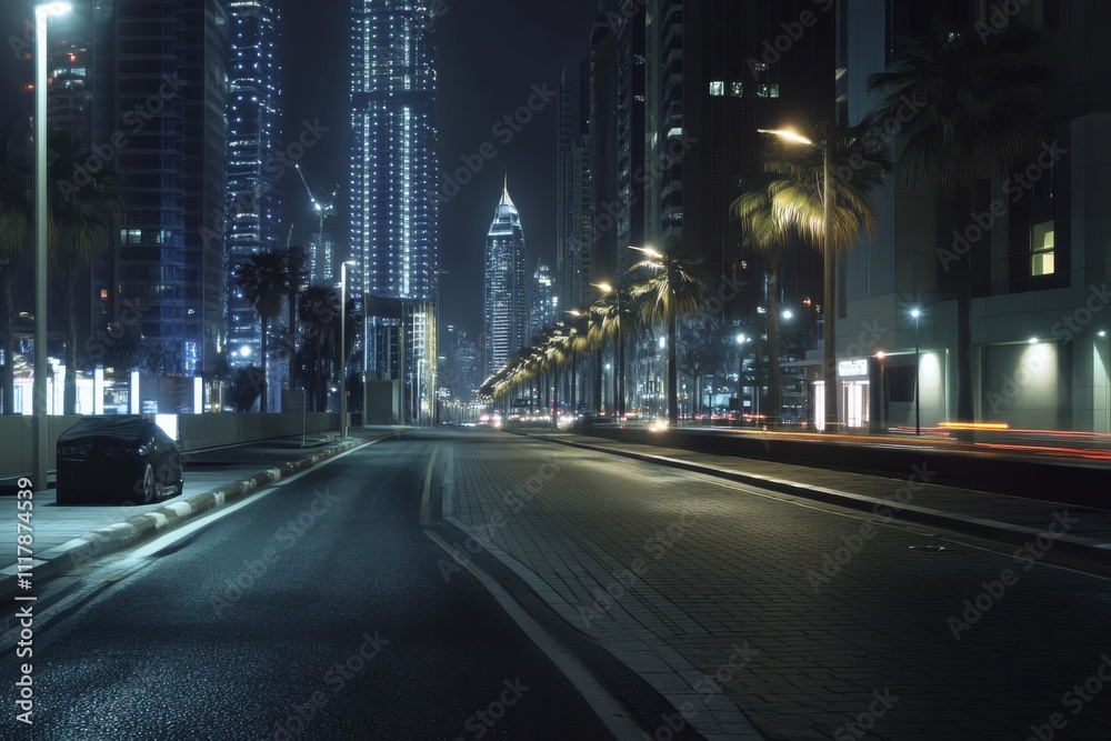 Naklejka premium A serene night scene of a quiet urban street lined with palm trees, illuminated by city lights.