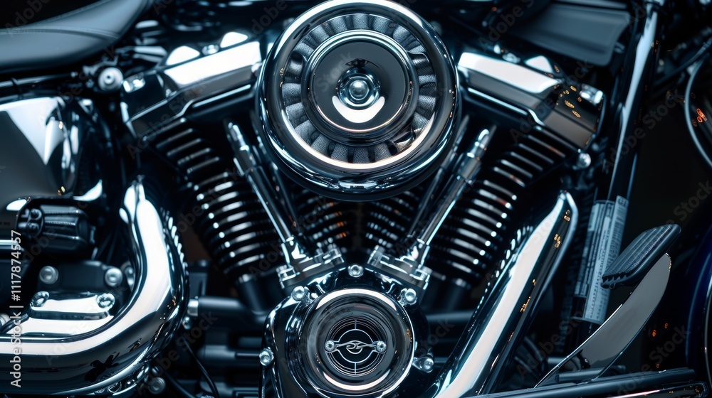 Close-up photo of motorcycle engine with double-cylinder design. Dark color contrasts with shiny chrome parts, visible in low-light setting for dramatic effect. Close-up photo of motorcycle engine with double-cylinder design. Dark color contrasts with shiny chrome parts, visible in low-light setting for dramatic effect.