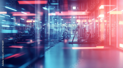 Gym with a blurry background. The gym is empty and the lights are on