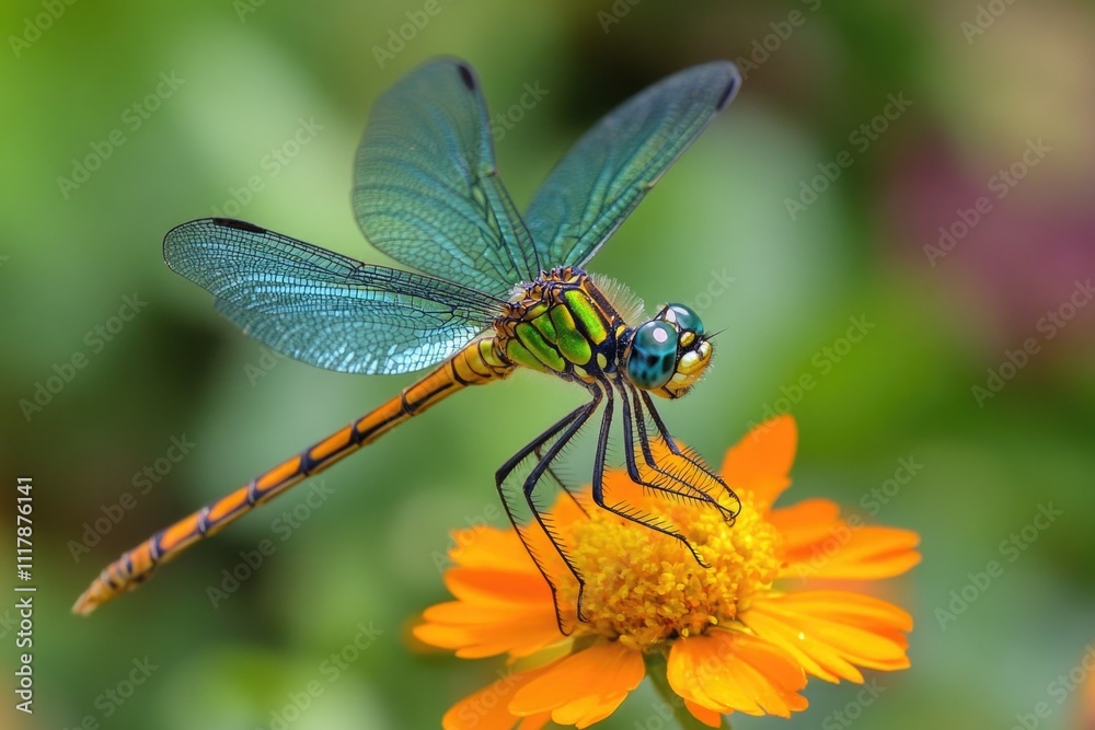 A dragonfly perched on top of a bright yellow flower A dragonfly perched on top of a bright yellow flower