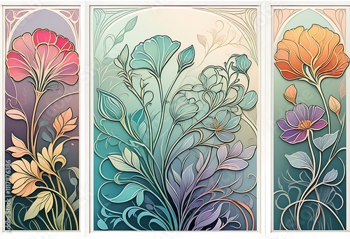 Elegant Floral Triptych Art Nouveau Inspired Flower Illustration