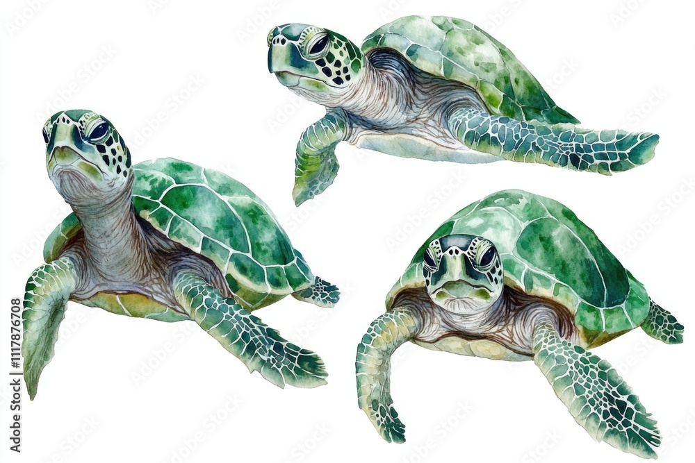 Fototapeta premium Turtles sitting together on a clean white surface, a simple and serene scene