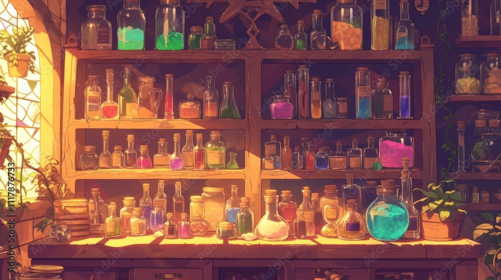 Occult magic magazine and shelf with various potions, bottles, poisons, crystals, salt Occult magic magazine and shelf with various potions, bottles, poisons, crystals, salt