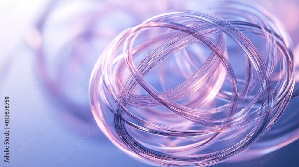 Abstract close-up of translucent, intertwined loops forming a sphere, illuminated with soft purple and pink lighting. Abstract close-up of translucent, intertwined loops forming a sphere, illuminated with soft purple and pink lighting.