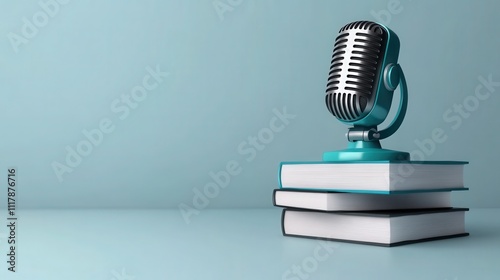 a microphone set alongside a stack of books and a notebook, placed on a clean white background