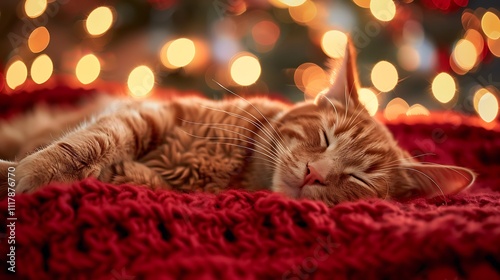 A drowsy orange kitty lies on a red crocheted cover with bright lights in the background photo