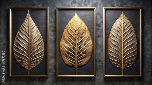 Elegant Golden Leaf Art Framed Wall Decor Triptych