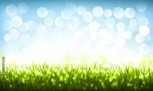 Serene spring background featuring lush green grass against a bright, bokeh-filled sky. Ideal for cards, websites, or presentations needing a fresh, vibrant feel.