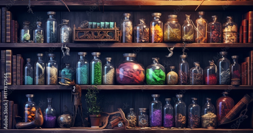 Occult magic magazine and shelf with various potions, bottles, poisons, crystals, salt