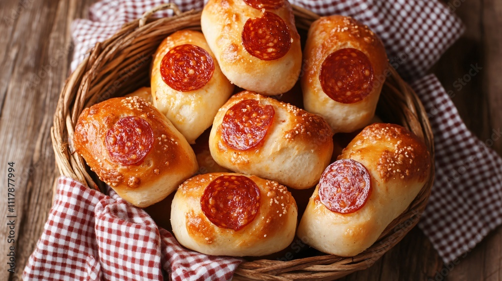 Mini pepperoni bread rolls arranged in a basket, lined with a gingham cloth, placed on a wooden table Mini pepperoni bread rolls arranged in a basket, lined with a gingham cloth, placed on a wooden table