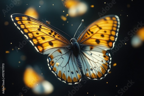 A close-up view of a butterfly resting on a dark surface