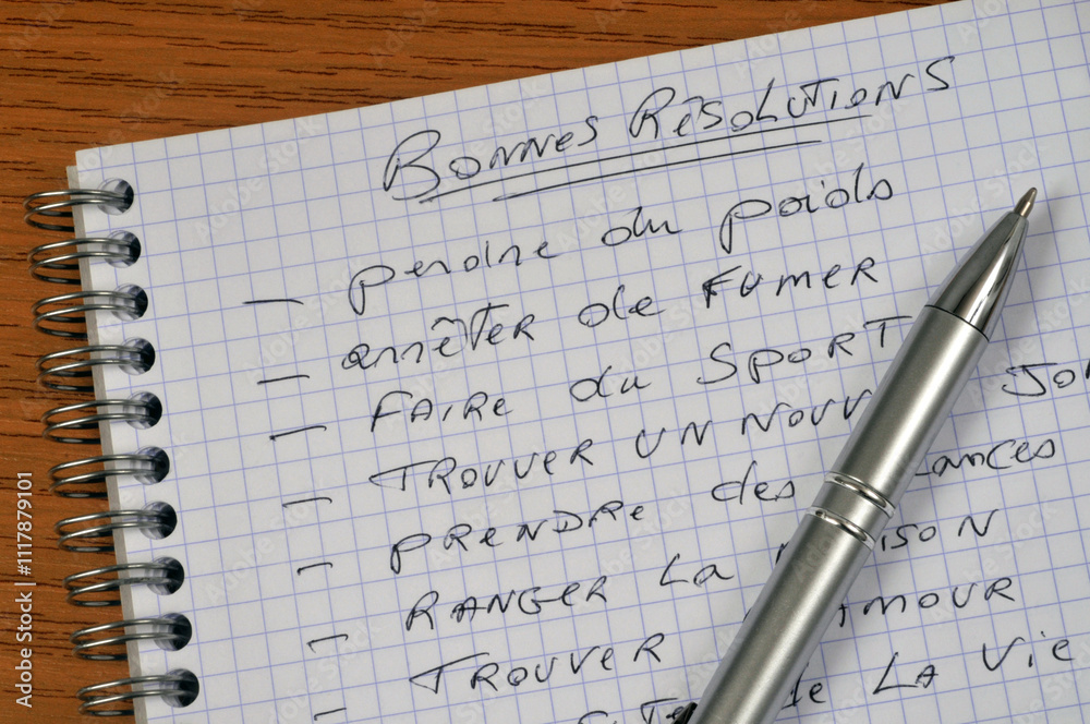 Cahier à spirales sur lequel est écrit en français ses bonnes résolutions Cahier à spirales sur lequel est écrit en français ses bonnes résolutions