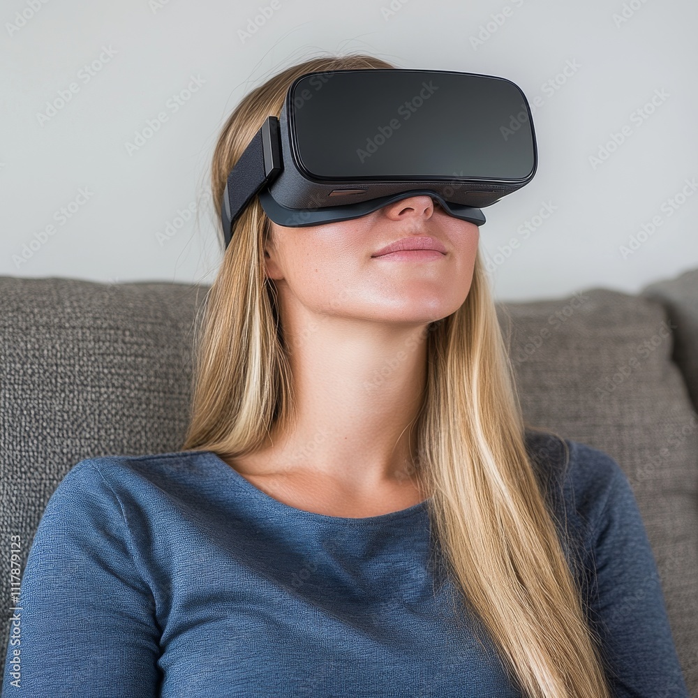 A young Caucasian woman experiences virtual reality, immersed in a digital world while relaxing on a sofa. A young Caucasian woman experiences virtual reality, immersed in a digital world while relaxing on a sofa.