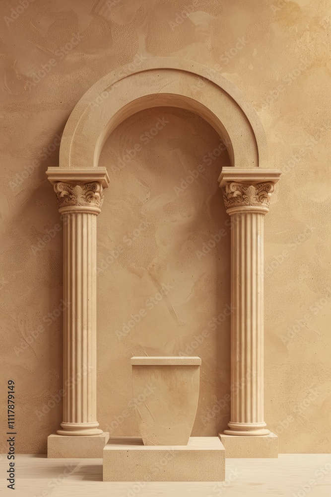 Empty podium standing between classic columns under arch in beige room, perfect for product placement Empty podium standing between classic columns under arch in beige room, perfect for product placement
