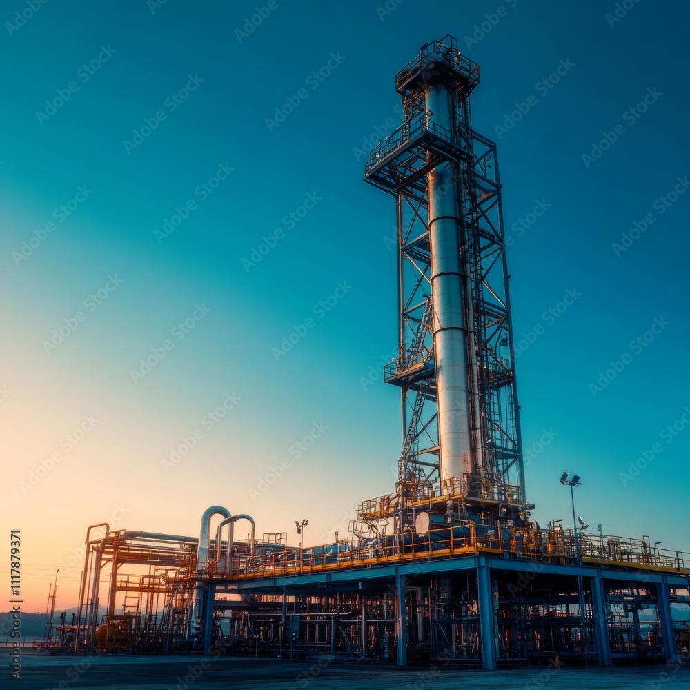 Industrial skyline with smokestack at sunset Industrial skyline with smokestack at sunset