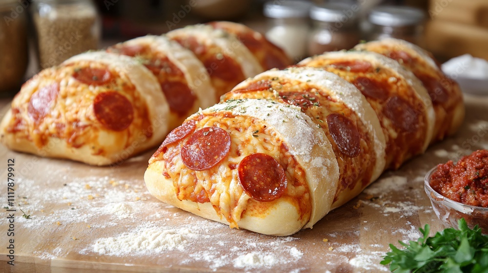 Pepperoni bread styled in a cozy kitchen scene with flour-dusted counters and rustic decor Pepperoni bread styled in a cozy kitchen scene with flour-dusted counters and rustic decor