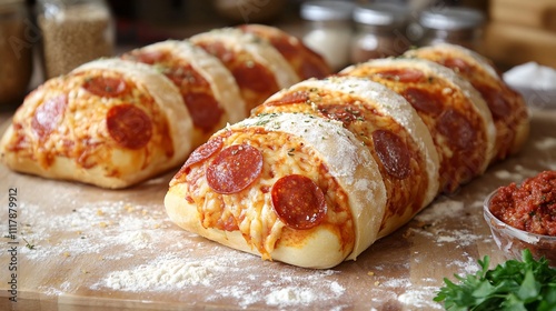 Pepperoni bread styled in a cozy kitchen scene with flour-dusted counters and rustic decor