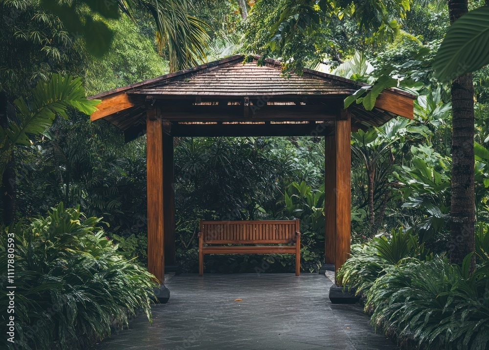 Serene wooden gazebo with bench in lush tropical garden. Serene wooden gazebo with bench in lush tropical garden.